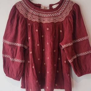 Wonderly size M brown Bohemian embroidered women top 3/4 sleeves